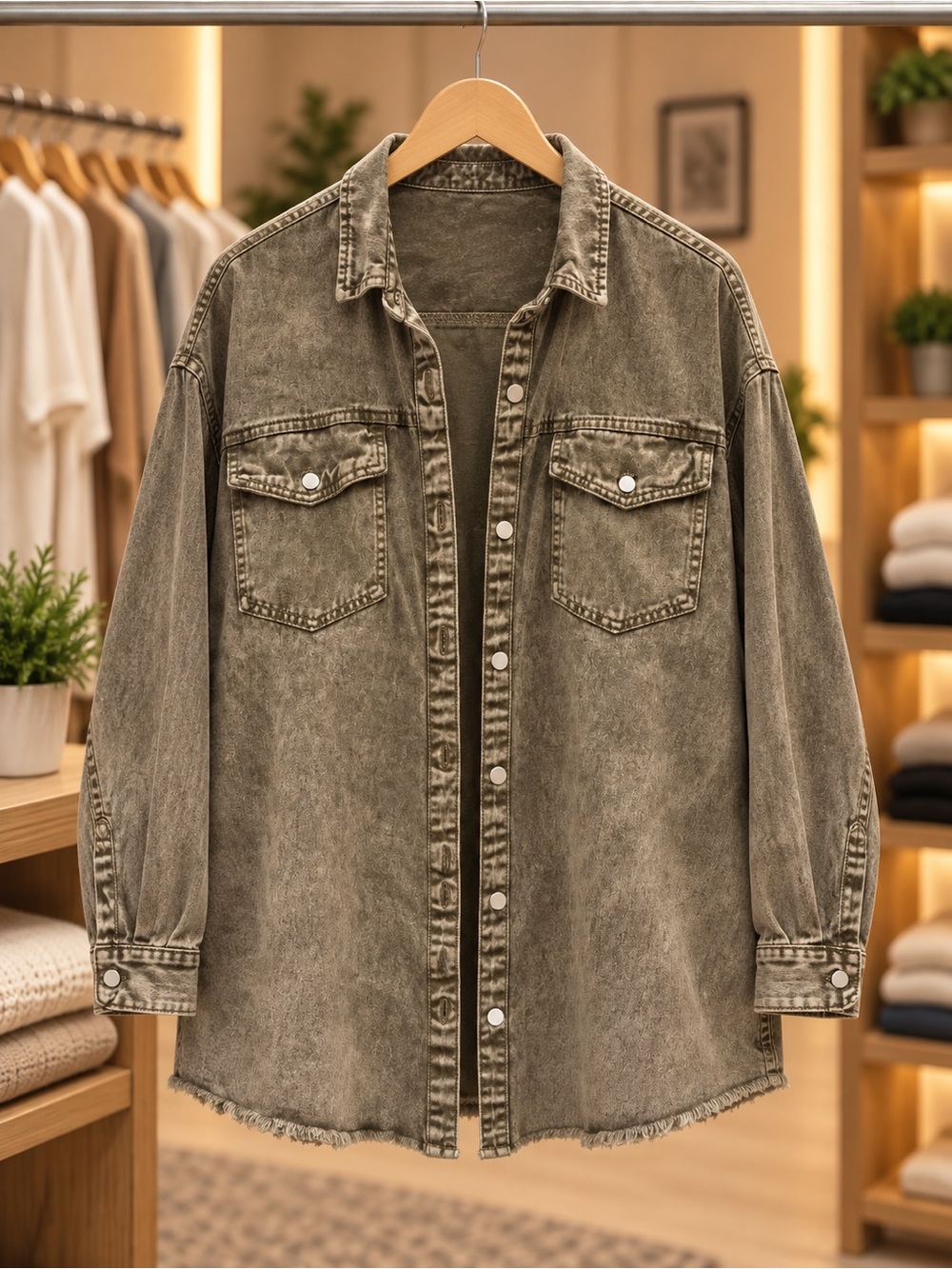 Polagram Washed Olive Green Casual Button-Down Shirt